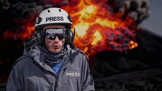 Live news reporter covering a dramatic volcano eruption as lava spews in the background, seamless loop, Generative AI