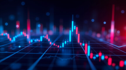 Abstract stock market chart with red and blue candles blurred background.  The concept is of finance, investment, trading, and volatility. Suitable for business, finance, and technology content