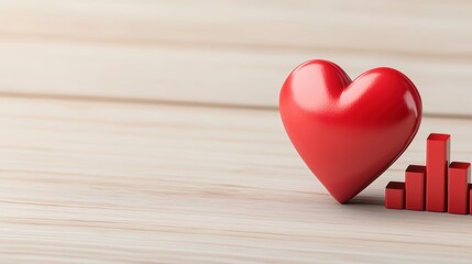 Fototapeta premium A vibrant red heart beside a bar graph, symbolizing love and data, set against a light wooden background.