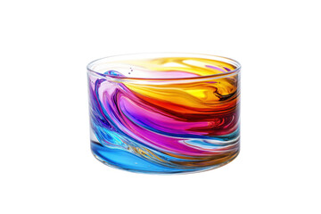 Multi-colored water swirling in a clear glass, each layer of color distinct and vibrant, creating a mesmerizing visual effect