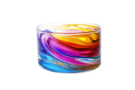 Multi-colored water swirling in a clear glass, each layer of color distinct and vibrant, creating a mesmerizing visual effect