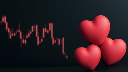 A visual juxtaposition of red hearts against a declining graph, symbolizing the intertwining of love and market fluctuations.