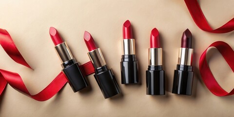A collection of red lipstick tubes arranged on a beige background with decorative red ribbon accents.