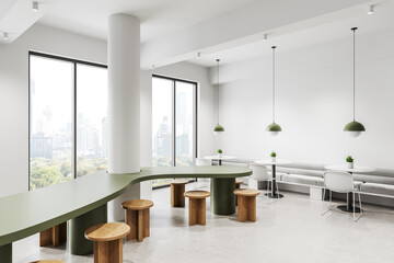 Modern minimalist interior with green and wooden furniture in a bright space. 3D Rendering