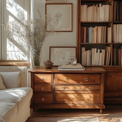 Stylish and warm living room interior with a brown sideboard books and casket captured from a diagonal angle to showcase the overall ambiance and inviting arrangement with copy space