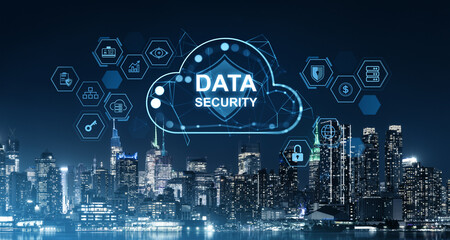 Data security concept with cloud and icons over New York City skyline at night.