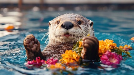 Otter floats in pool, flower garland, sunny day, wildlife sanctuary