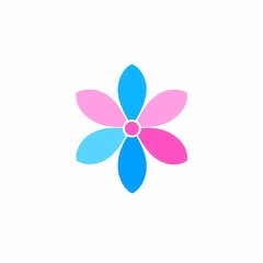 Minimalist pink and blue flower design on white background.