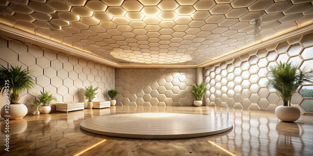 Poster modern interior design with geometric hexagon pattern walls and ceiling, featuring a central circula