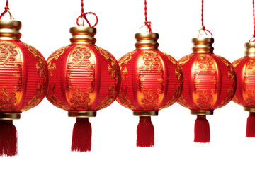 Vibrant red lanterns hanging in a row with intricate golden patterns and glowing light inside, symbolizing prosperity and happiness during Chinese New Year.