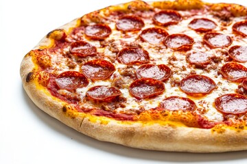 Delicious pepperoni pizza with melted mozzarella cheese and tomato sauce on a white background.