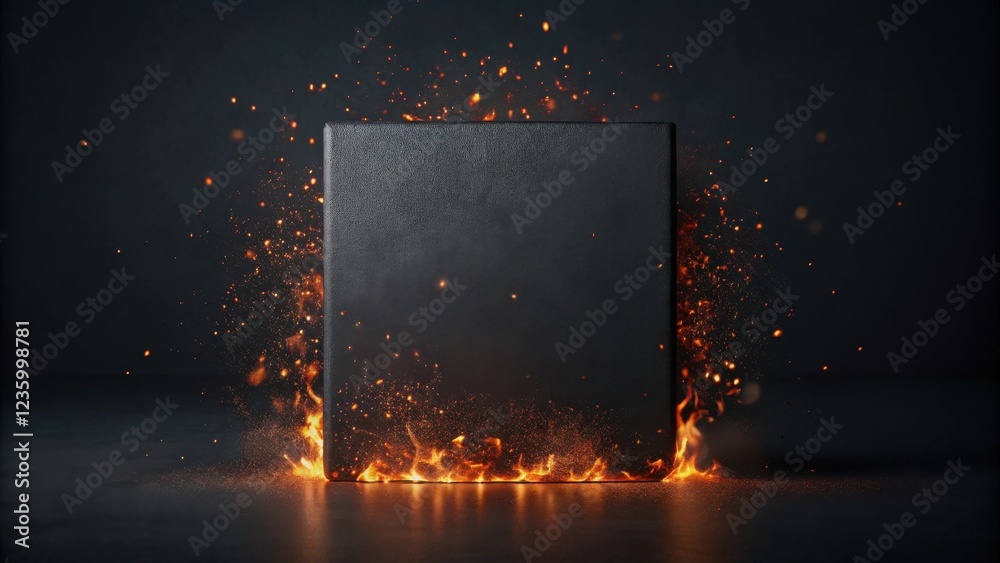 Poster a black square engulfed in flames, sparks fly and glow in a dark and dramatic setting