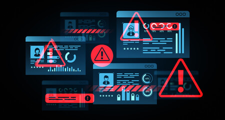 Digital warning symbols over virtual profiles on dark background. 3D Rendering