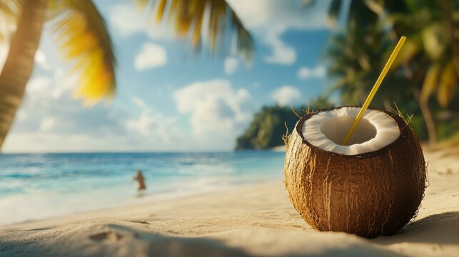 Tropical beach bliss! 🥥☀️ A refreshing coconut drink on a sandy shore.