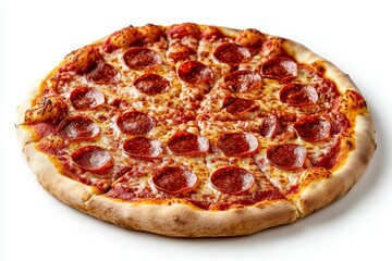 Delicious pepperoni pizza with melted cheese, cut into slices, isolated on white background.