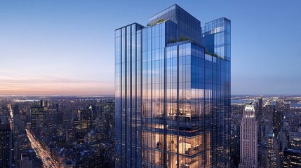 A towering glass skyscraper stands amidst a bustling cityscape, bathed in golden hour light, evoking urban elegance and modern grandeur.