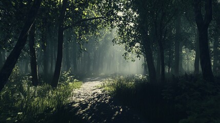 Fototapeta premium Sunlit path through a tranquil forest with dense trees and morning mist, creating a serene atmosphere