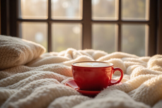 Red ceramic coffee cup with heart shaped latte art on cream colored blanket