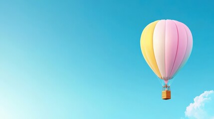 Fototapeta premium A single colorful air balloon soaring high in the sky against a clear blue background, symbolizing freedom and adventure