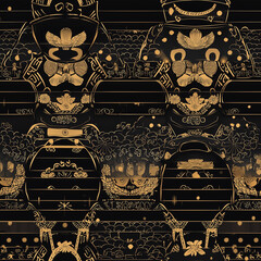 Asian seamless pattern motif decorative textile design elegant black background intricate gold details