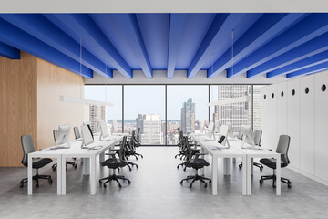 Modern open-plan office with blue ceiling beams and large windows overlooking cityscape. 3D Rendering