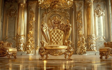 Golden Throne-Like Chair in an ultra-luxury setting, evoking a royal ambiance