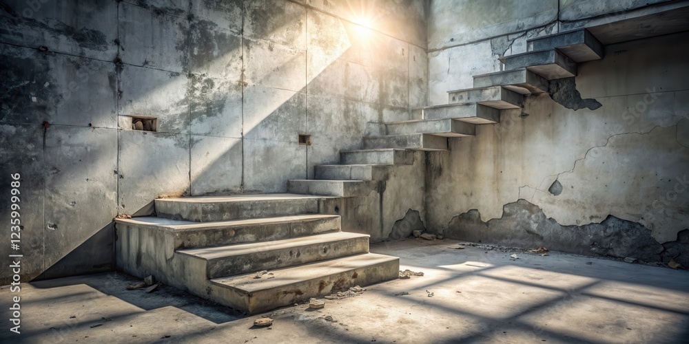 Poster a stark concrete staircase leading up to a sunlit opening in an abandoned building with peeling pain