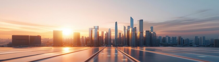 Fototapeta premium City skyline at sunset with modern buildings and vibrant sky.
