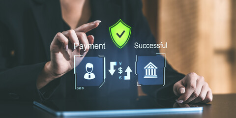 Digital payment concept with a shield symbolizing security and holographic interface showcasing...