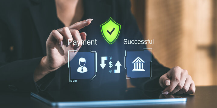Digital payment concept with a shield symbolizing security and holographic interface showcasing successful transaction process.