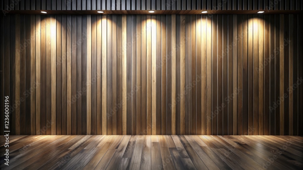 Poster warm lighting illuminates a rustic wooden wall and floor, creating a serene and inviting atmosphere