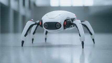Futuristic Spider Robot: A sleek, white spider robot with eight articulated legs and glowing red sensors stands on a clean, reflective surface.