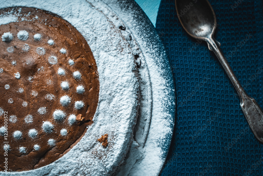 Wall mural Delicious homemade pie, sprinkled with powdered sugar, on a blue plate with a blue napkin and a spoon. Top view, close-up