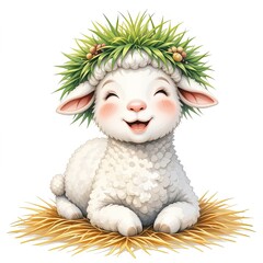 Fototapeta premium A cute little sheep with a crown of flowers on a white isolated background. Illustration for children's books and fairy tales.
