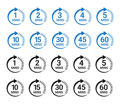Minute timer icon collection with 1min, 2min, 3min, 4min, 5min, 10min, 15min, 30min, 45min, 60min vector logotype style in blue and black color.
