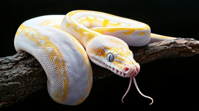 Albino python resting on a tree branch, its pale yellow and white scales glowing softly against a dark background