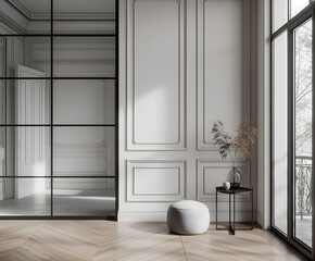 Aesthetic elegant minimalist modern interior design. Clear mock up empty wall for decoration in the apartment. Copy space in the room.