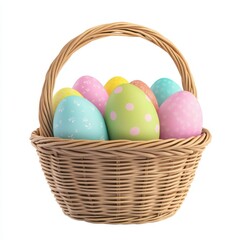A woven basket filled with colorful, decorated Easter eggs in pastel shades, creating a festive and cheerful springtime display.