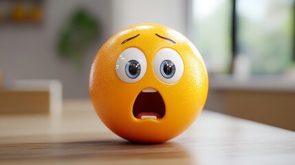 Orange emoji, surprised expression, home kitchen background, digital art, stock photo