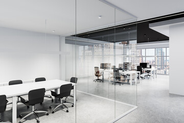 Modern office space with glass partitions and city view. 3D Rendering