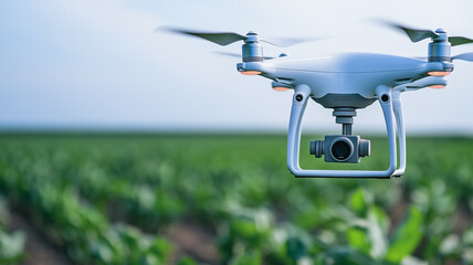 Drone Aerial Photography:  A drone with a camera, hovering over a vast field of green crops, captures the beauty of nature from a unique perspective.