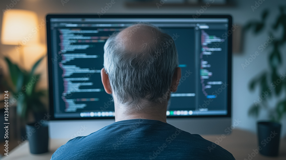 Poster code in progress: a seasoned developer hunches over a computer monitor, lines of code glowing on the