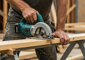 Closeup of hard working carpenter hands busy cutting and sawing through a wooden construction board