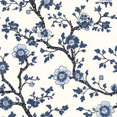 Floral branch pattern in blue and white on a light background, showcasing delicate flowers and leaves.