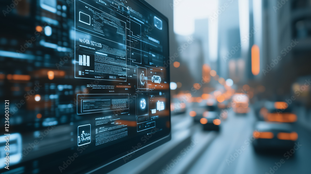 Poster urban tech interface: a futuristic digital interface displays complex data streams against a blurred