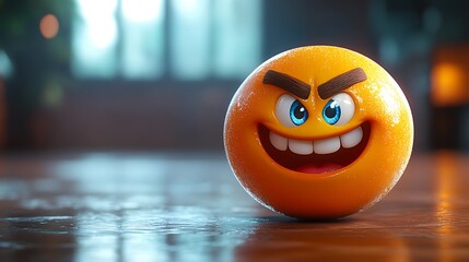 Funny orange emoji on wooden table.  Possible use for social media or digital design