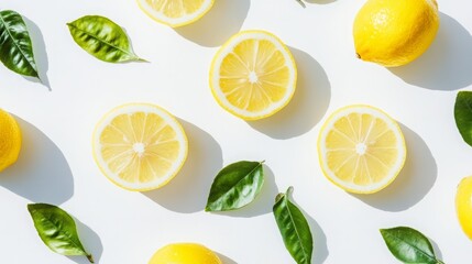 Fresh lemons and green leaves on white background. Vibrant citrus pattern.