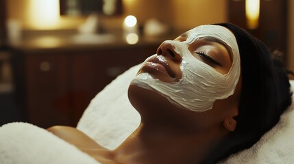 Woman enjoying a facial mask in a serene spa setting, embodying relaxation and luxury.