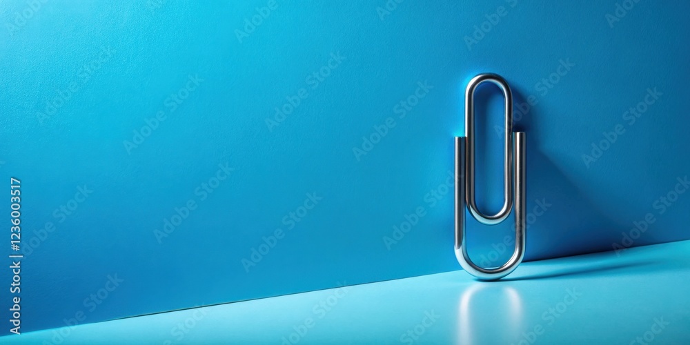 Poster a single metallic paperclip standing upright on a blue surface, casting a shadow on the lighter blue