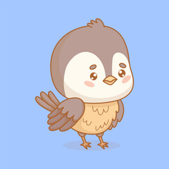 Cute little bird tit. Funny cartoon kawaii character chickadee with yellow breast and gray color feathers. Vector illustration. Kids collection